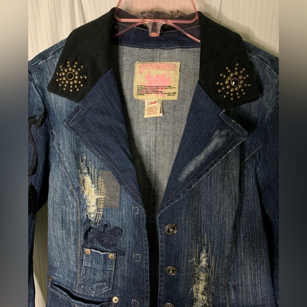 Parasuco Denim Jacket Factory Distressed Removable Faux Fur Collar Embroidery - Picture 3 of 15